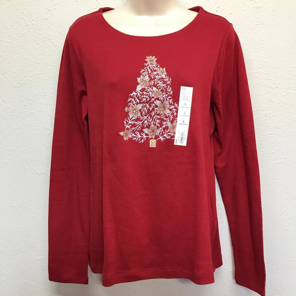 Croft & Barrow Holiday Shirt Womens S Red Poinsettia Tree Classic Long Sleeve